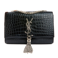 SAINT LAURENT - Sac Mini Kate tassel cuir embossé croco brillant noir - Handbag