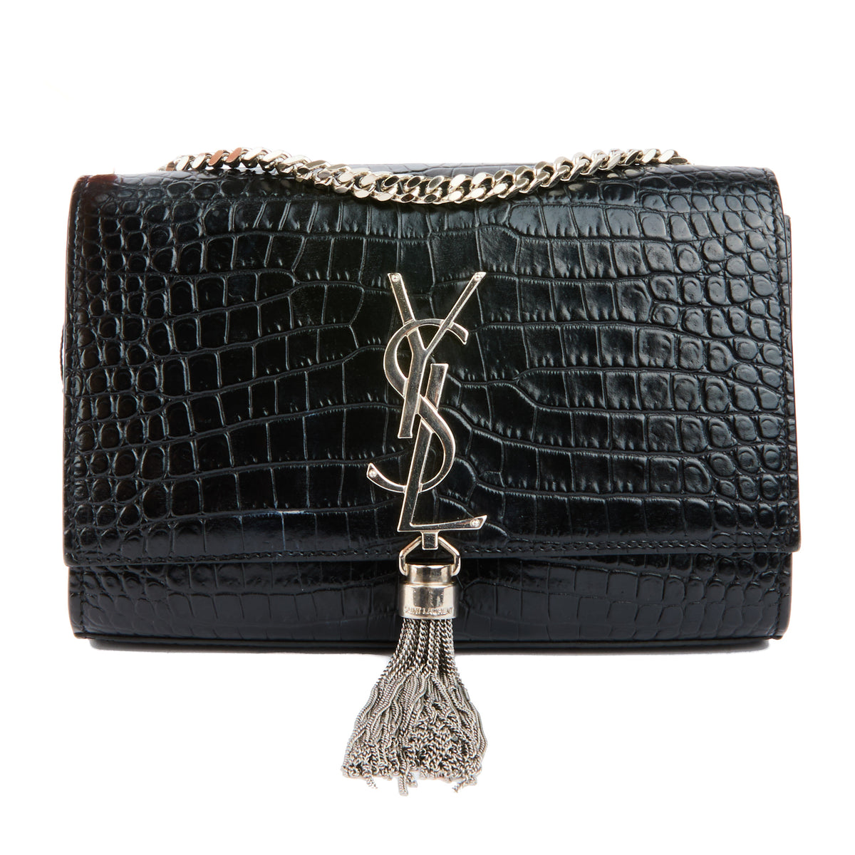 SAINT LAURENT - Sac Mini Kate tassel cuir embossé croco brillant noir - Handbag