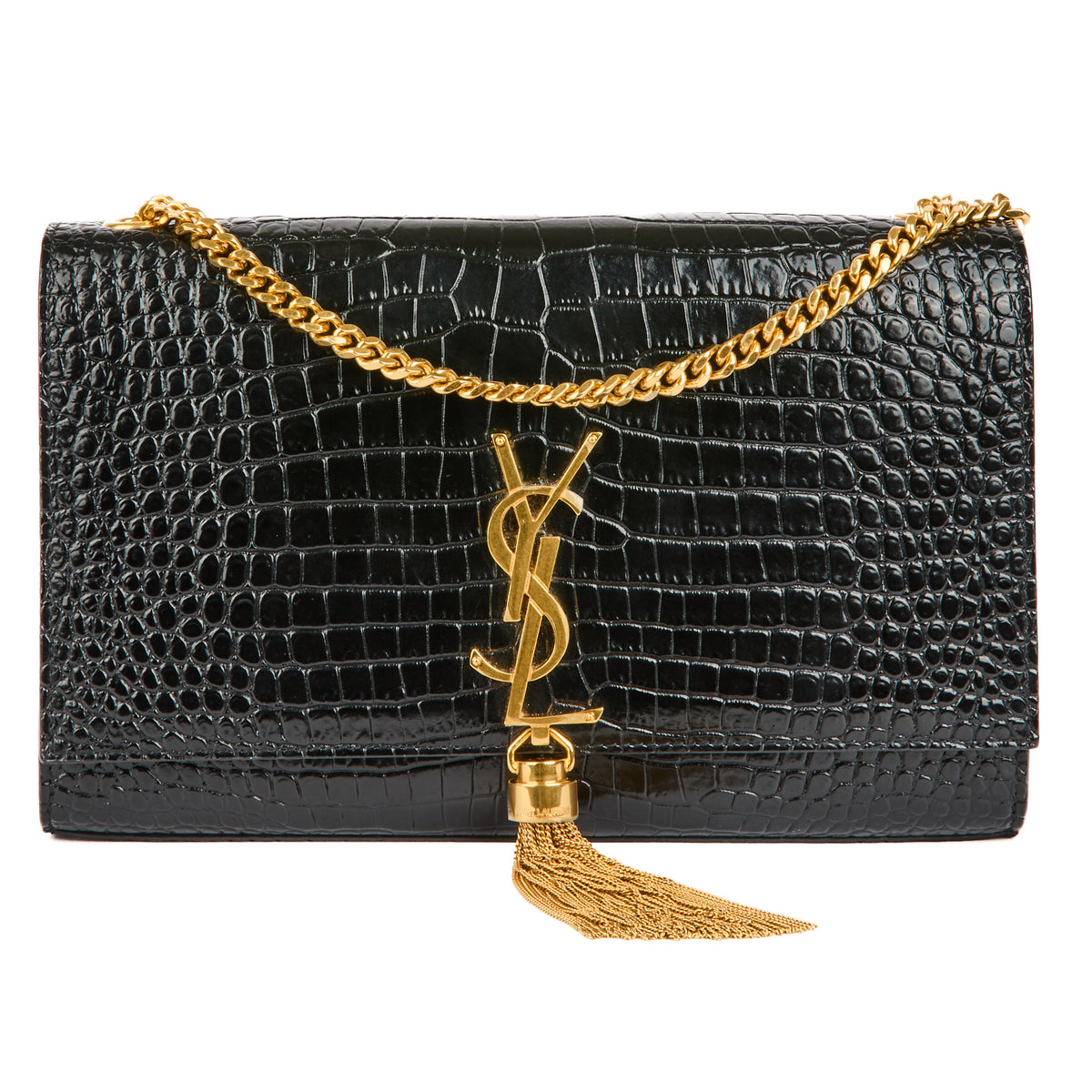 SAINT LAURENT - Sac bandoulière Kate tassel cuir embossé croco noir - Handbag