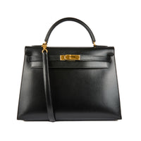 HERMES - Sac à main Kelly 32 Vintage cuir Box noir gold hardware - Handbag