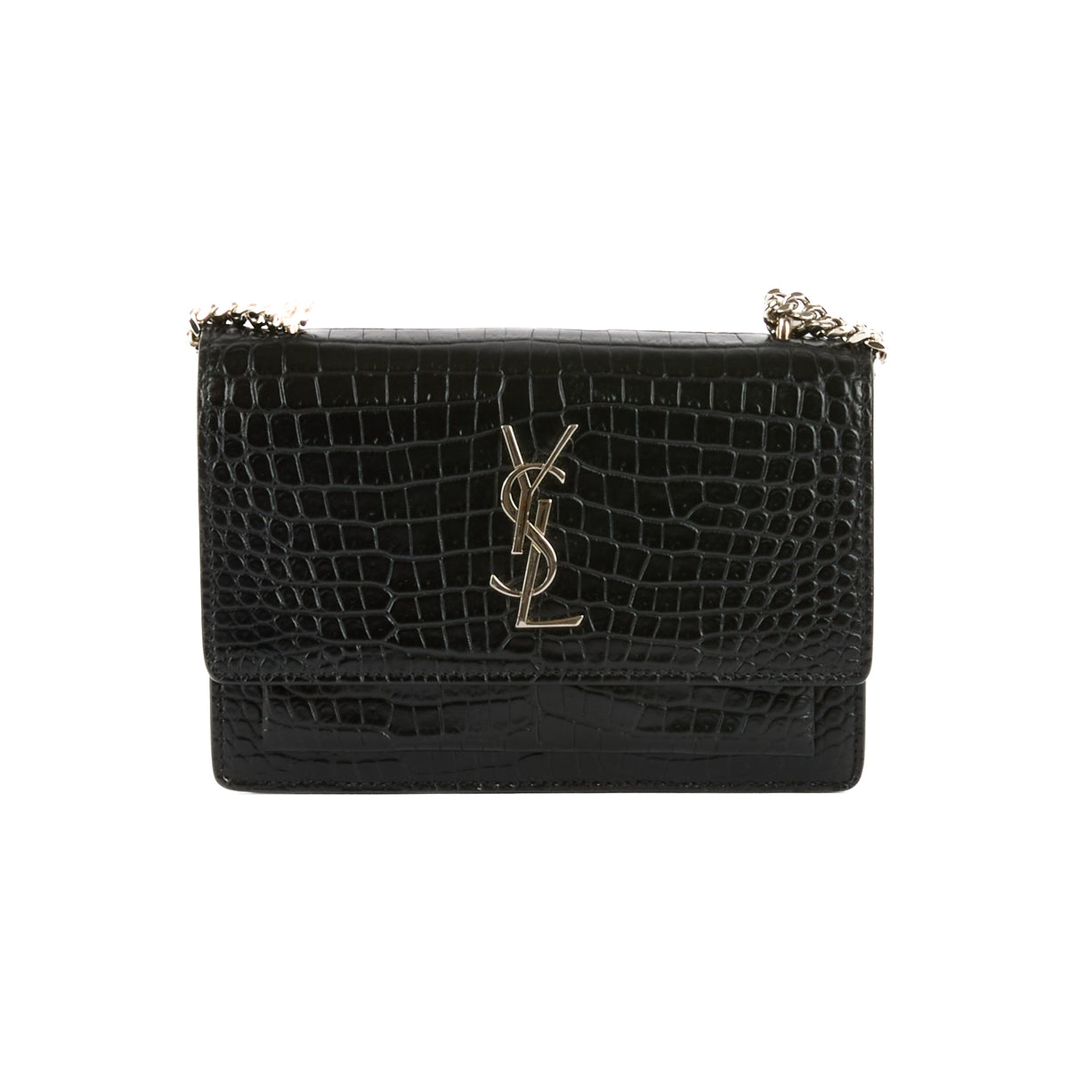 SAINT LAURENT - Sac bandoulière Mini Sunset cuir embossé croco noir - Handbag