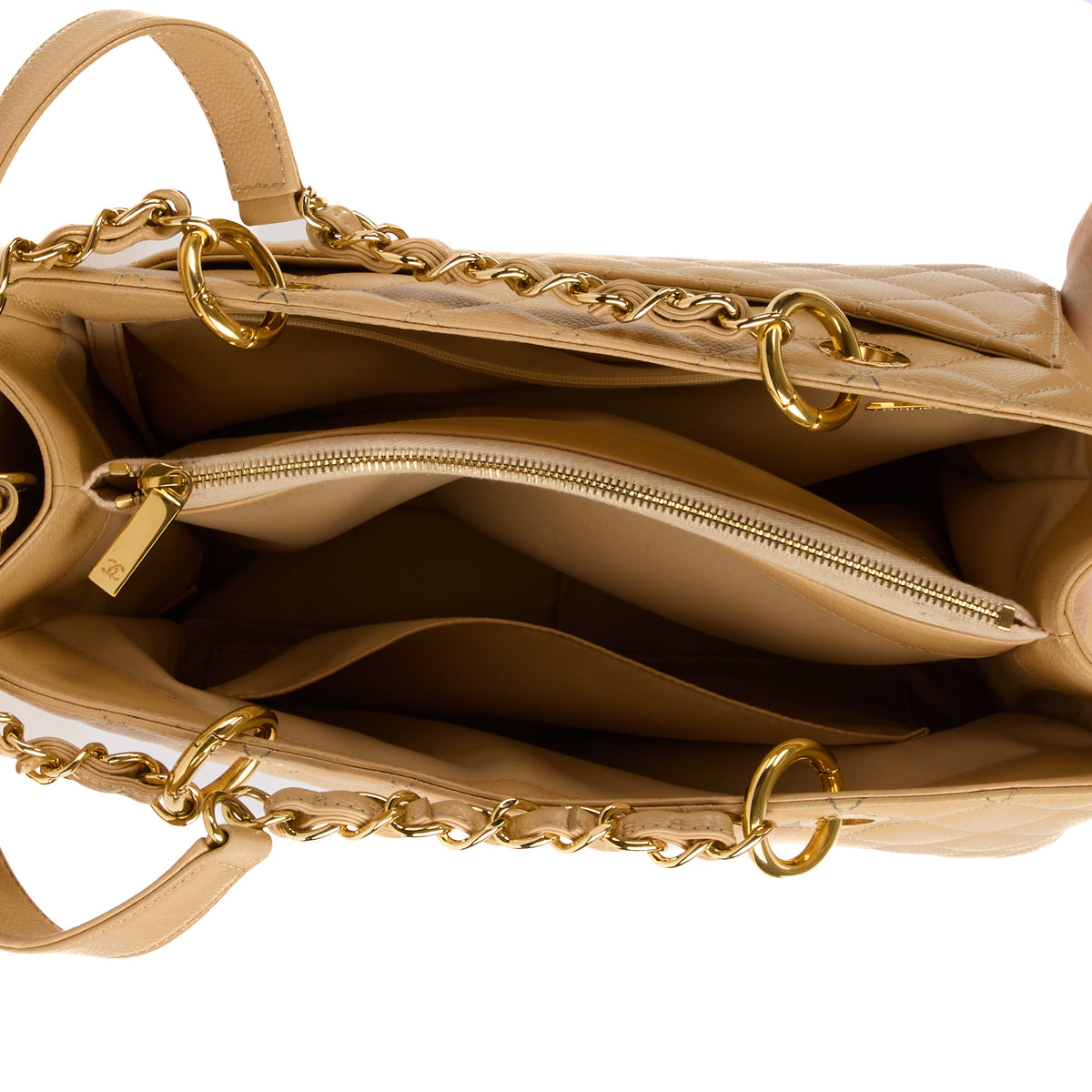 CHANEL - Sac à main Cabas Shopping Logo cc GST cuir caviar beige - Handbag