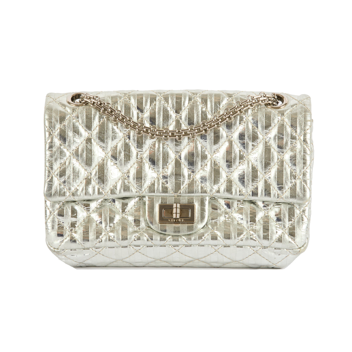 CHANEL - Sac bandoulière Striped 2.55 Small Reissue cuir argenté - Handbag