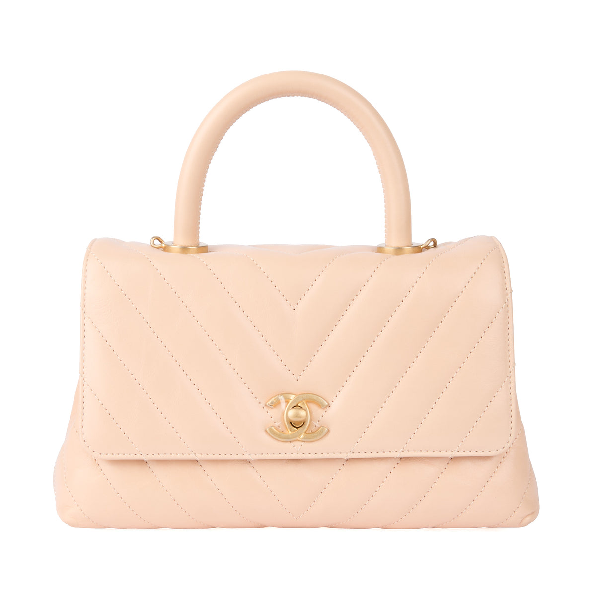 CHANEL - Sac bandoulière Coco handle cuir chevron beige - Handbag