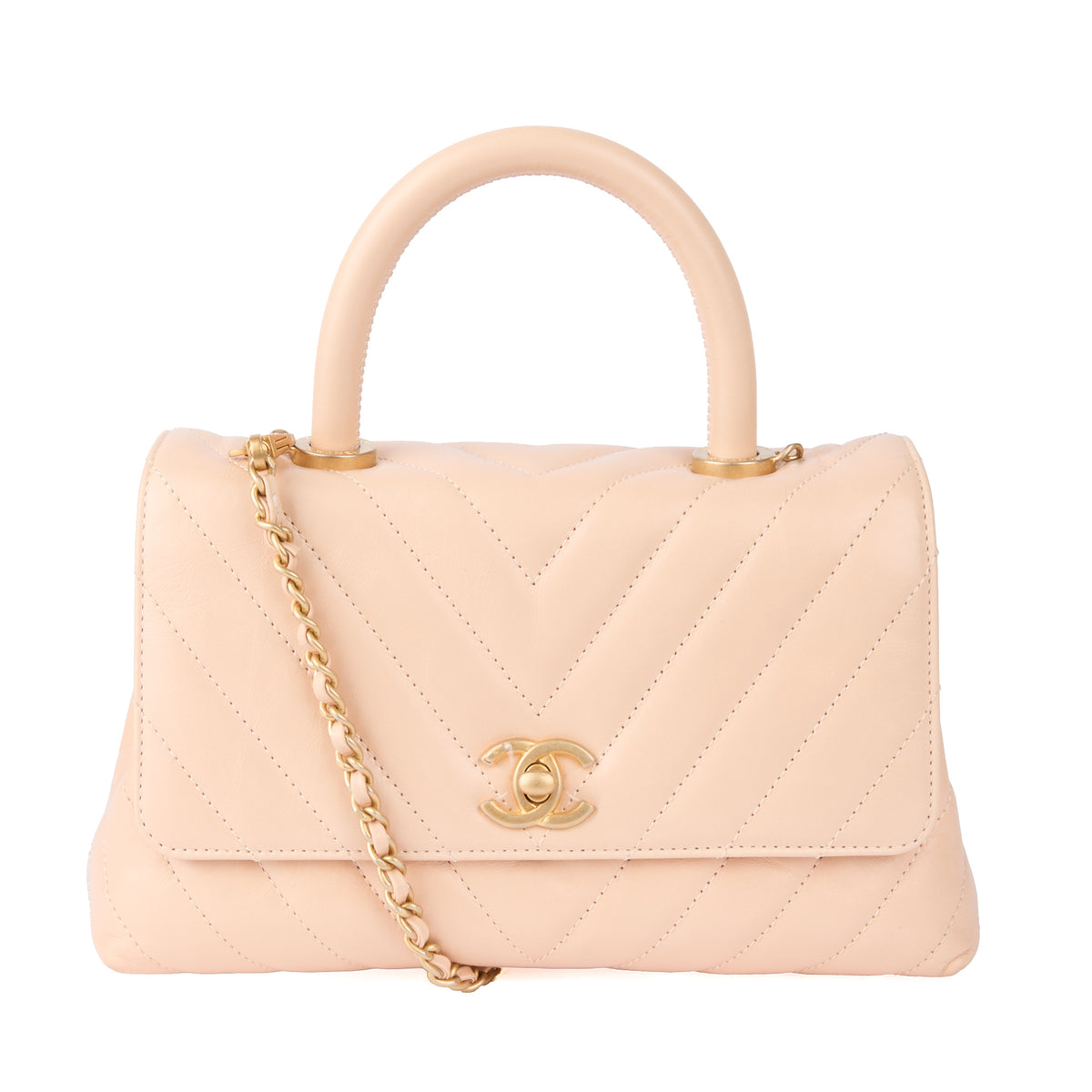 CHANEL - Sac bandoulière Coco handle cuir chevron beige - Handbag