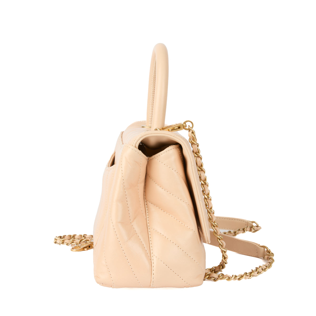CHANEL - Sac bandoulière Coco handle cuir chevron beige - Handbag