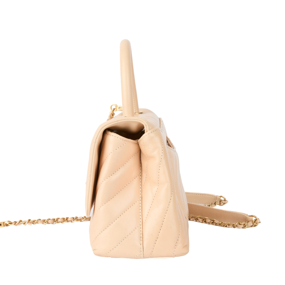 CHANEL - Sac bandoulière Coco handle cuir chevron beige - Handbag