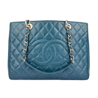 CHANEL - Sac à main Cabas Shopping Logo CC cuir Caviar bleu marine - Handbag