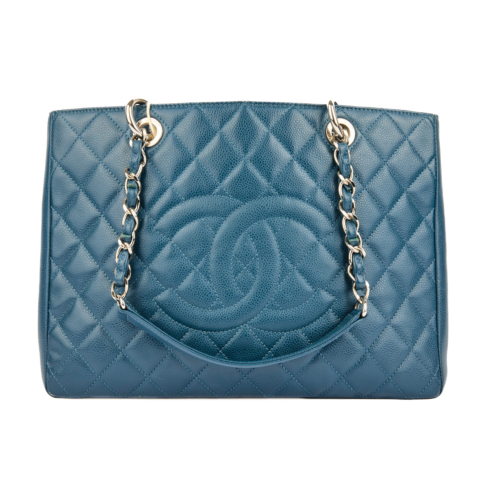 CHANEL - Sac à main Cabas Shopping Logo CC cuir Caviar bleu marine - Handbag