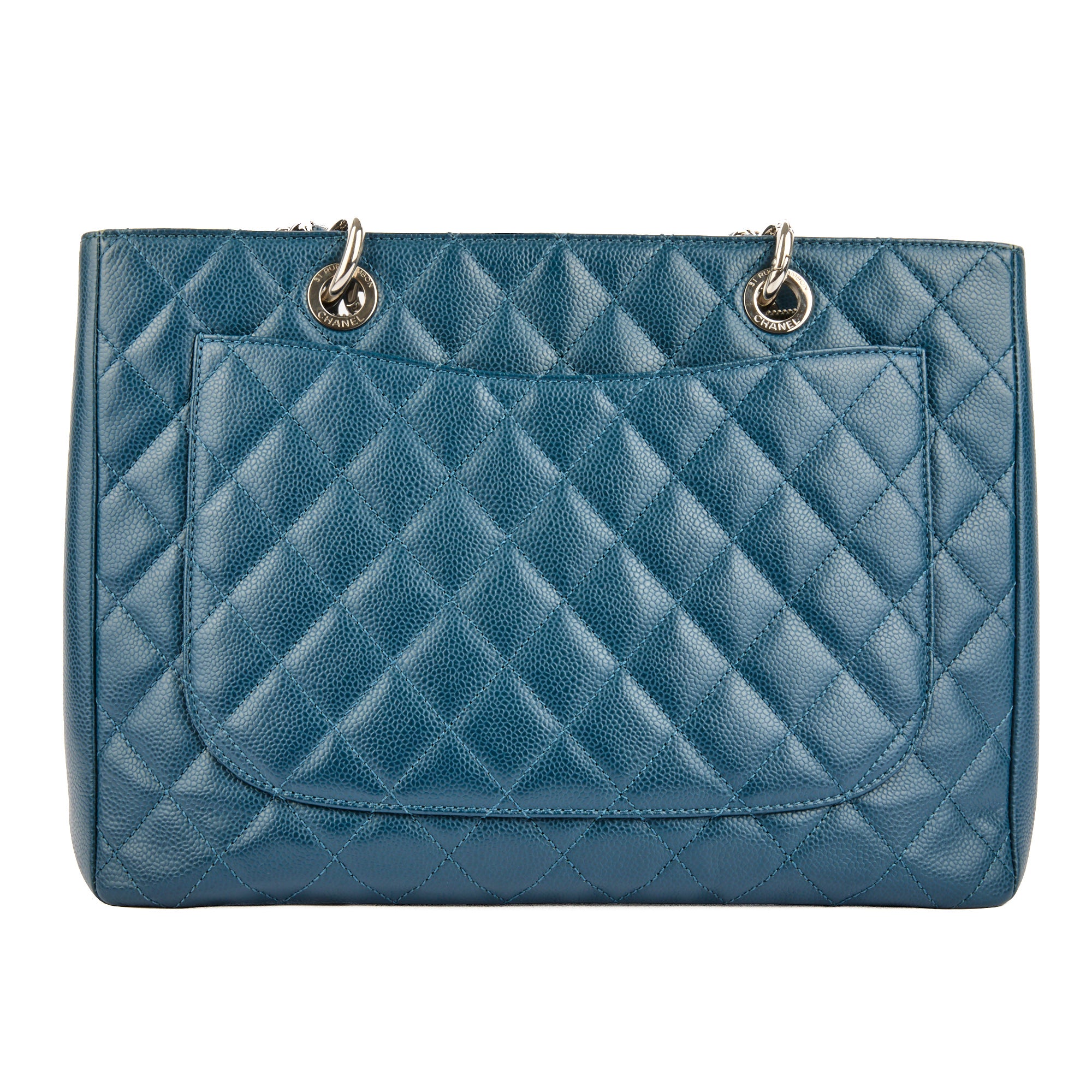 CHANEL - Sac à main Cabas Shopping Logo CC cuir Caviar bleu marine - Handbag