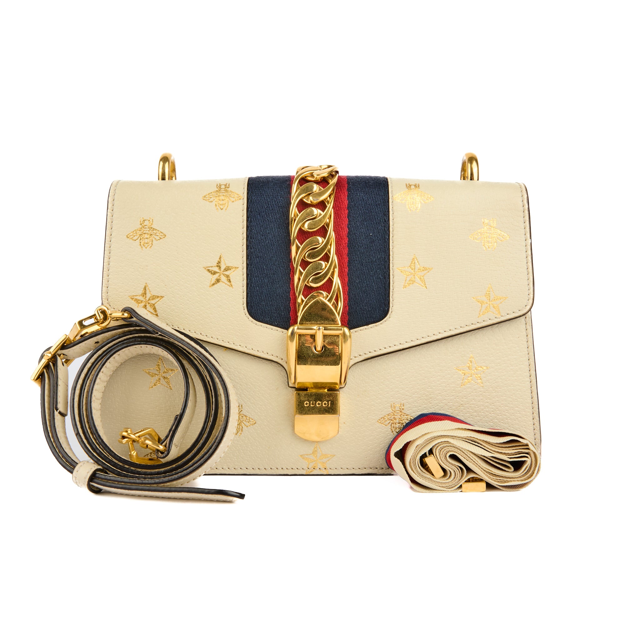 GUCCI - Sac bandoulière Sylvie Abeille bande web cuir blanc - Handbag