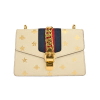 GUCCI - Sac bandoulière Sylvie Abeille bande web cuir blanc - Handbag
