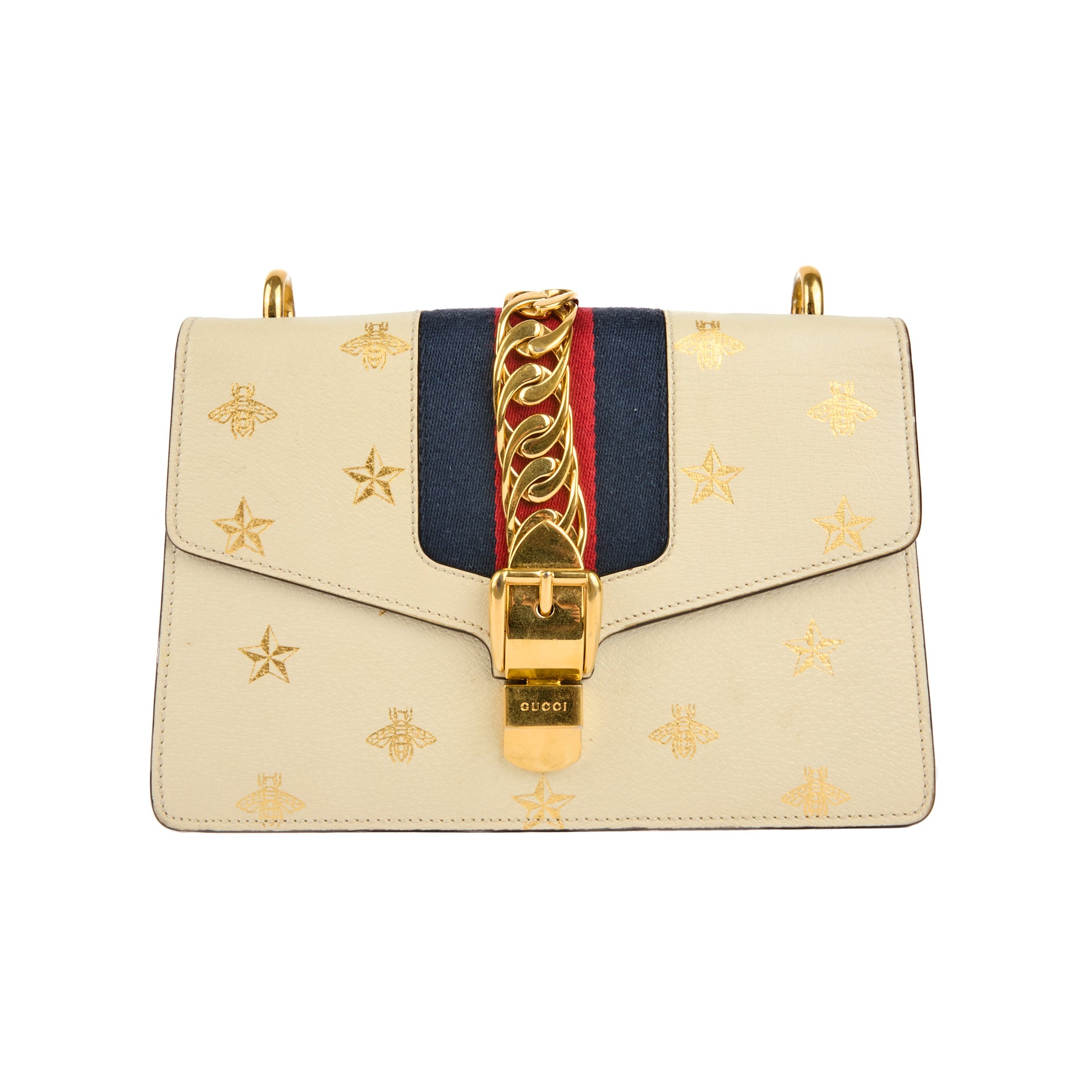 GUCCI - Sac bandoulière Sylvie Abeille bande web cuir blanc - Handbag
