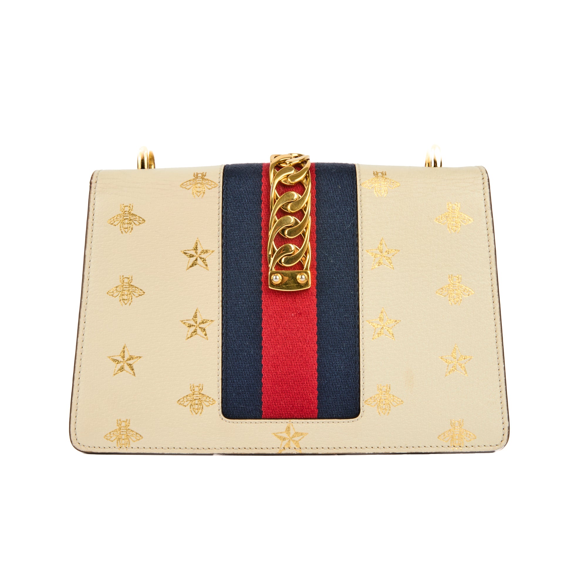 GUCCI - Sac bandoulière Sylvie Abeille bande web cuir blanc - Handbag