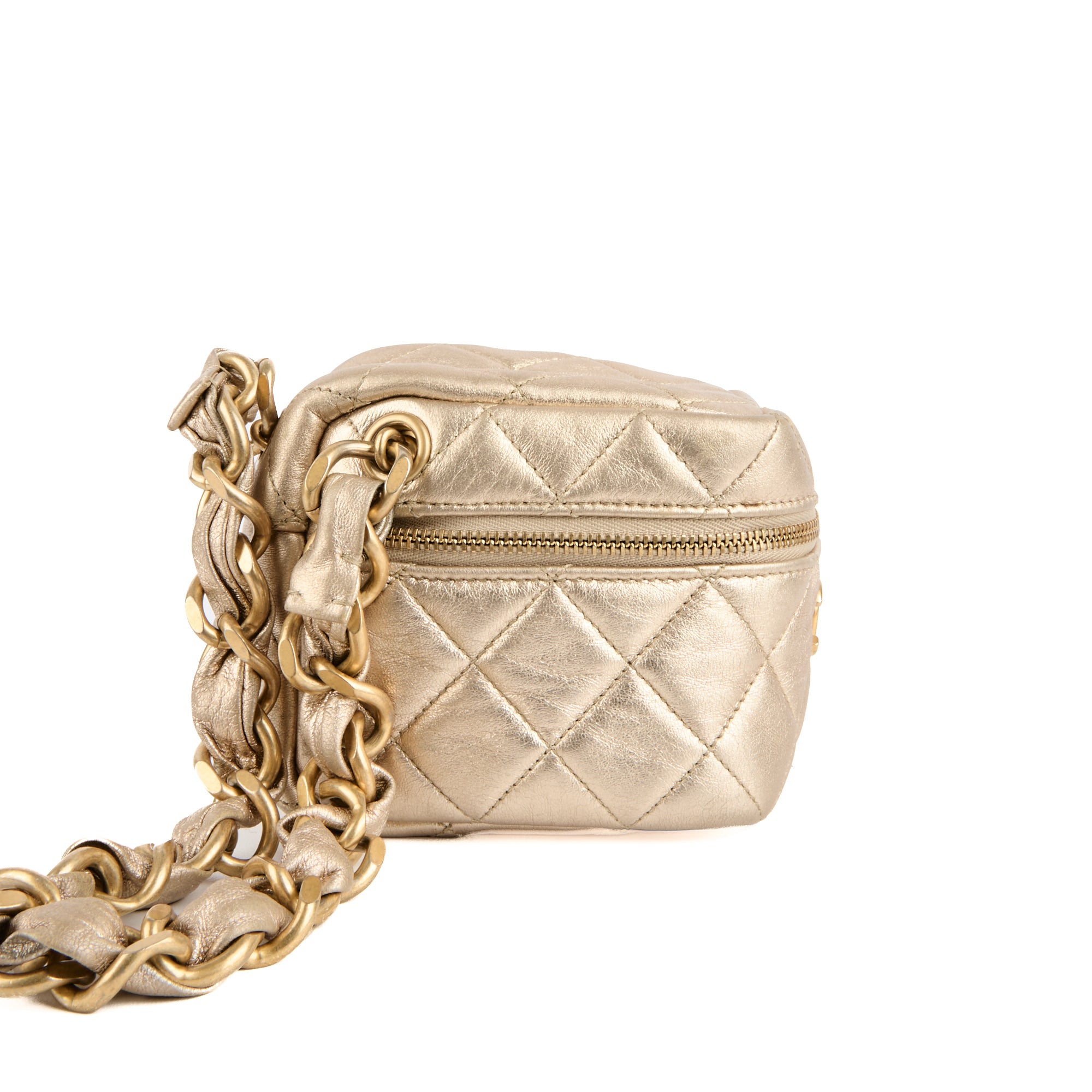 CHANEL - Sac Pochette Mini Cube Logo CC cuir doré - Handbag