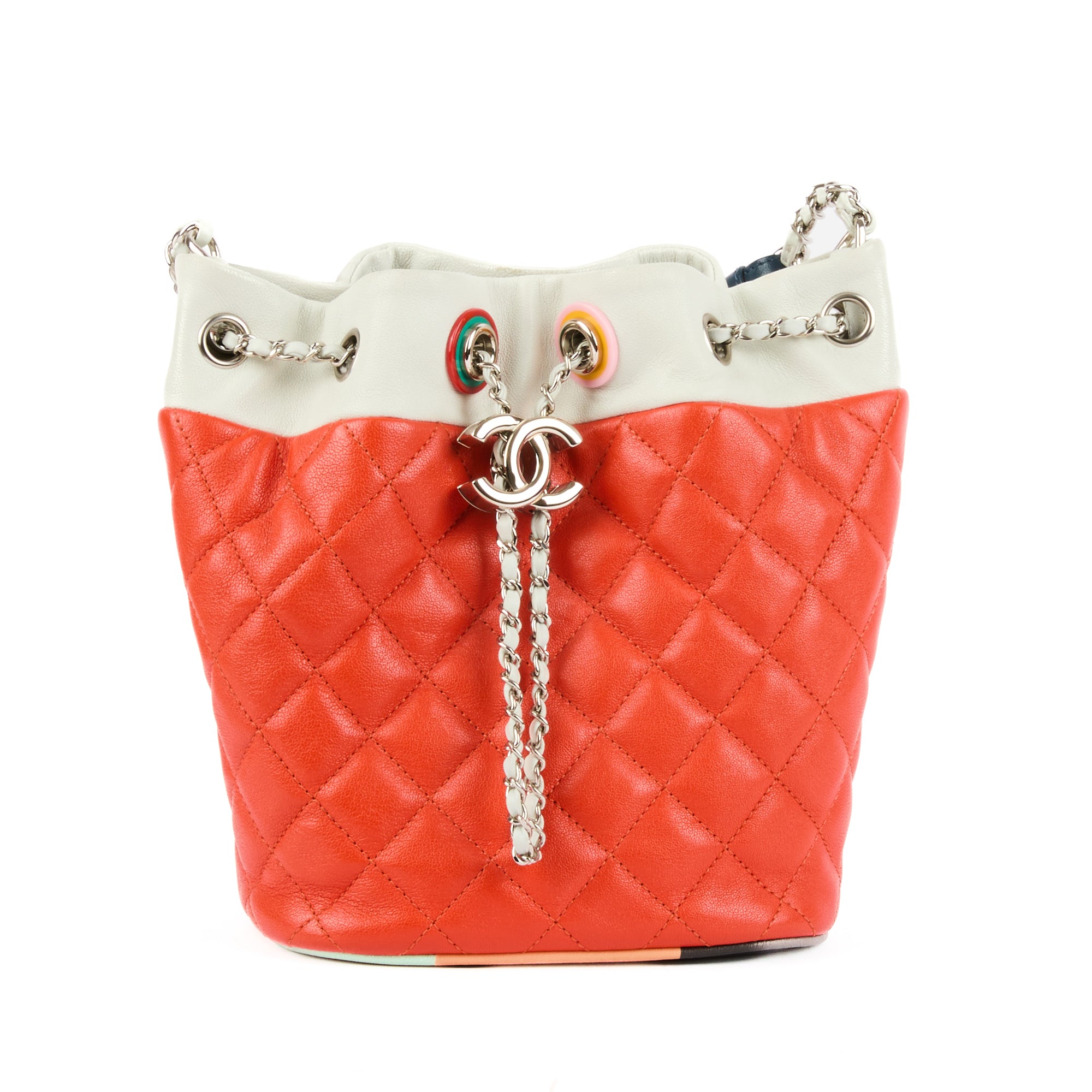 CHANEL - Sac à main seau Cuba Drawstring cuir orange blanc - Handbag