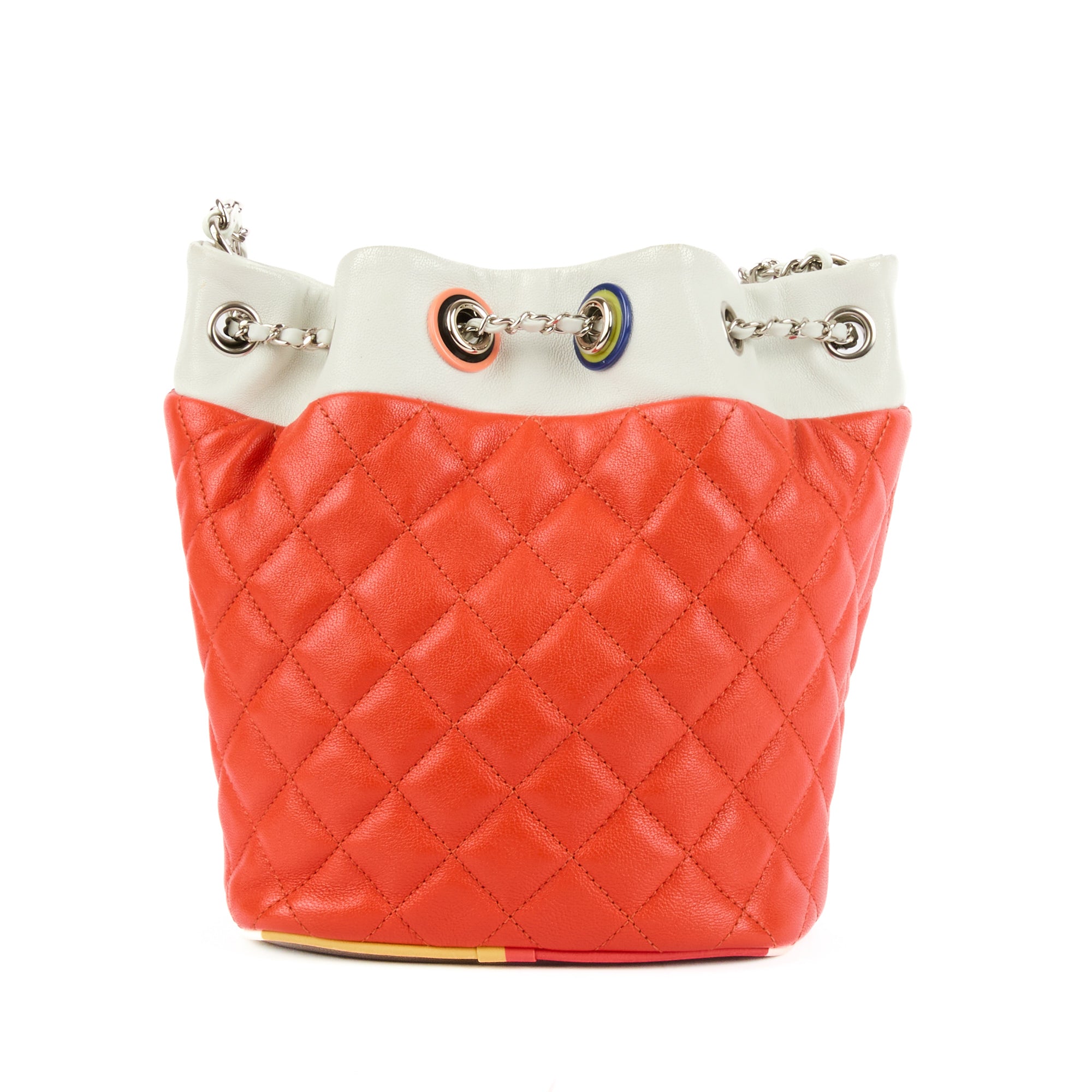 CHANEL - Sac à main seau Cuba Drawstring cuir orange blanc - Handbag