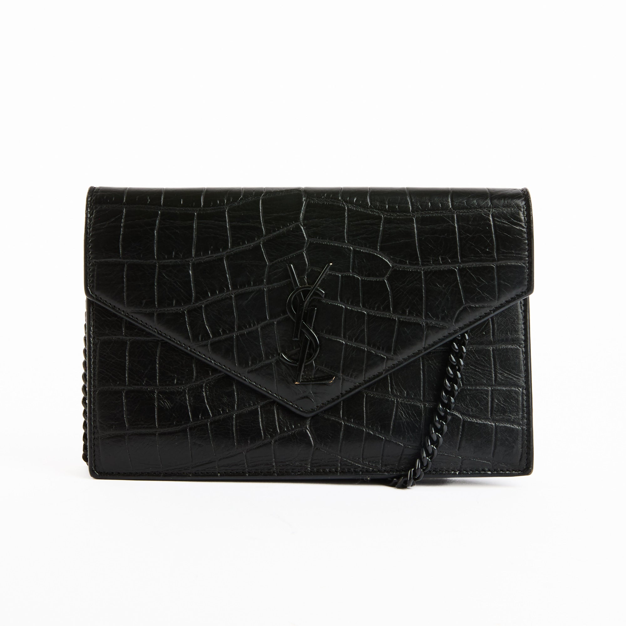 SAINT LAURENT - Sac bandoulière Enveloppe cuir embossé croco all black noir - Handbag