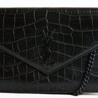 SAINT LAURENT - Sac bandoulière Enveloppe cuir embossé croco all black noir - Handbag