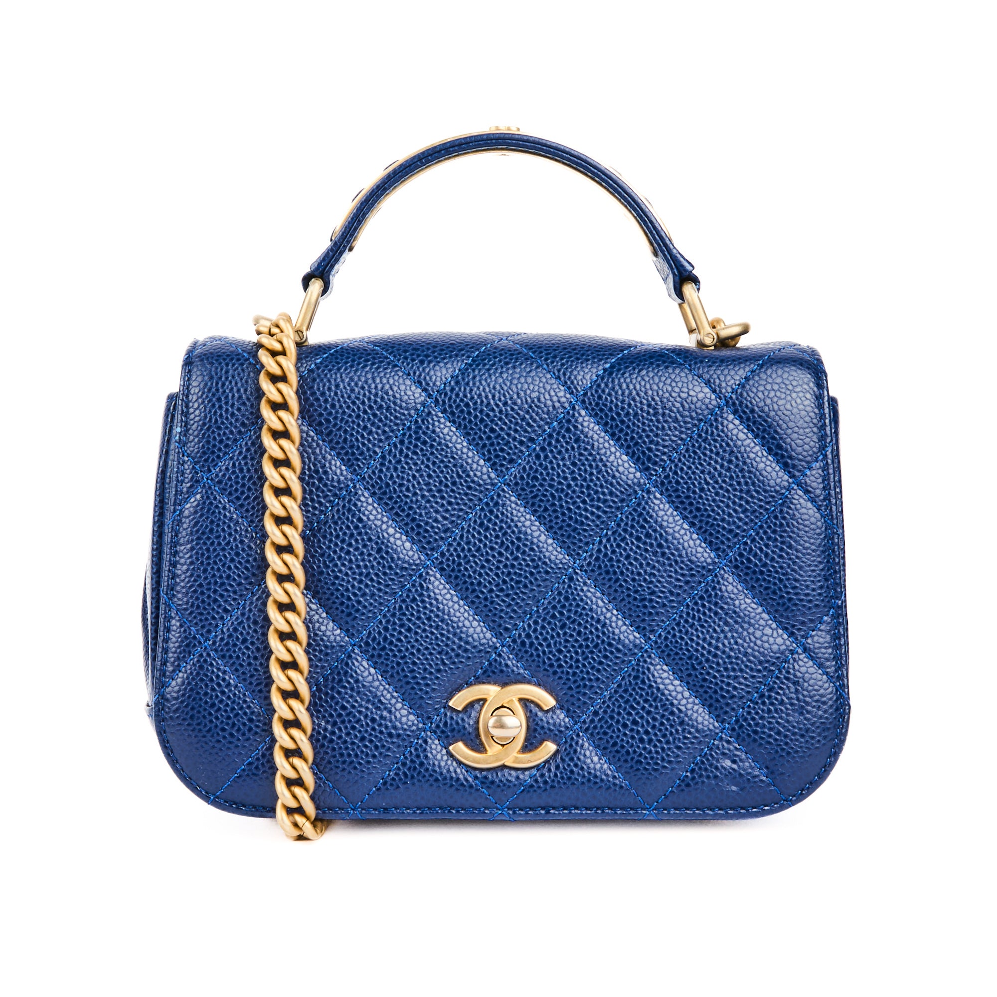 CHANEL - Sac bandoulière Top handle cuir caviar bleu - Handbag