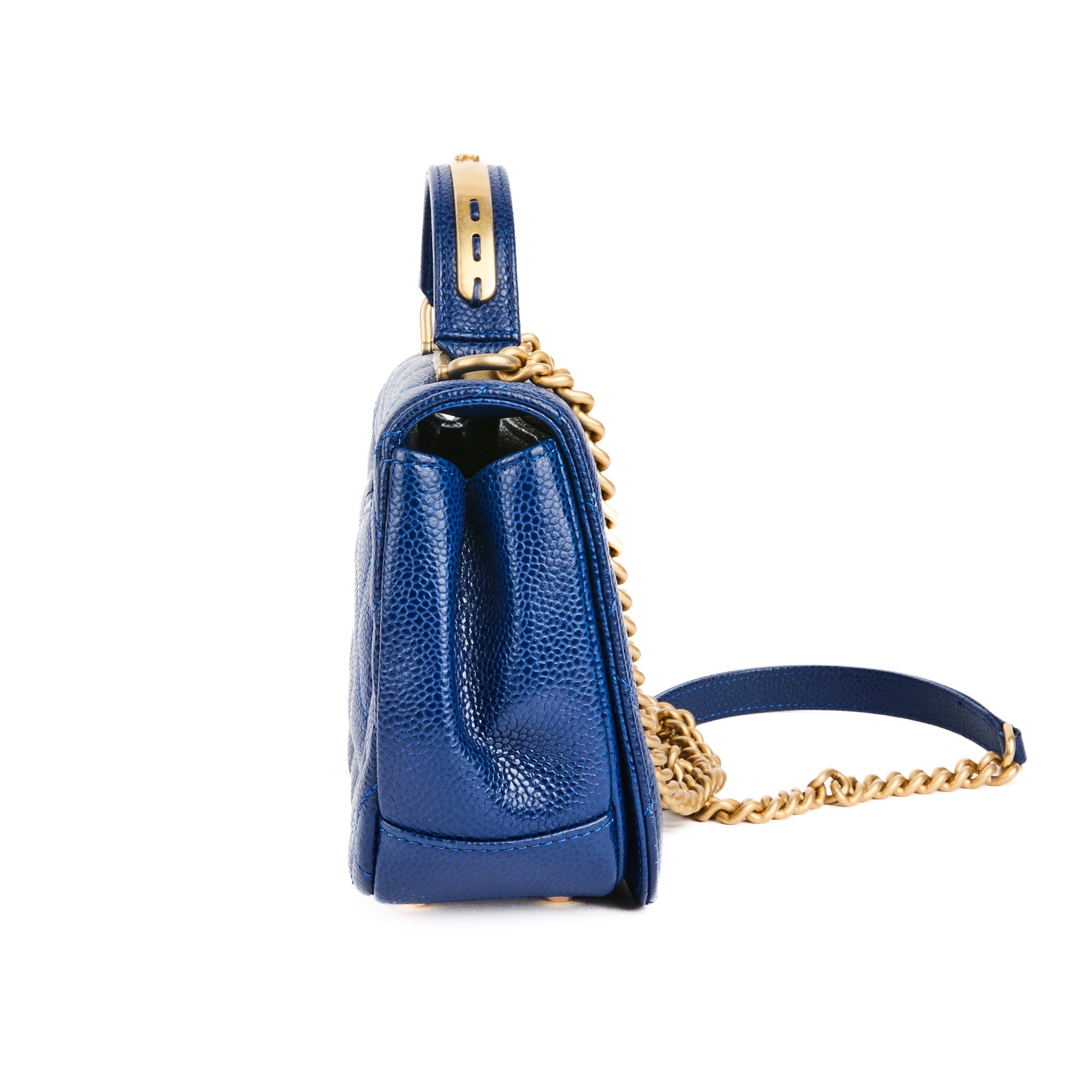 CHANEL - Sac bandoulière Top handle cuir caviar bleu - Handbag
