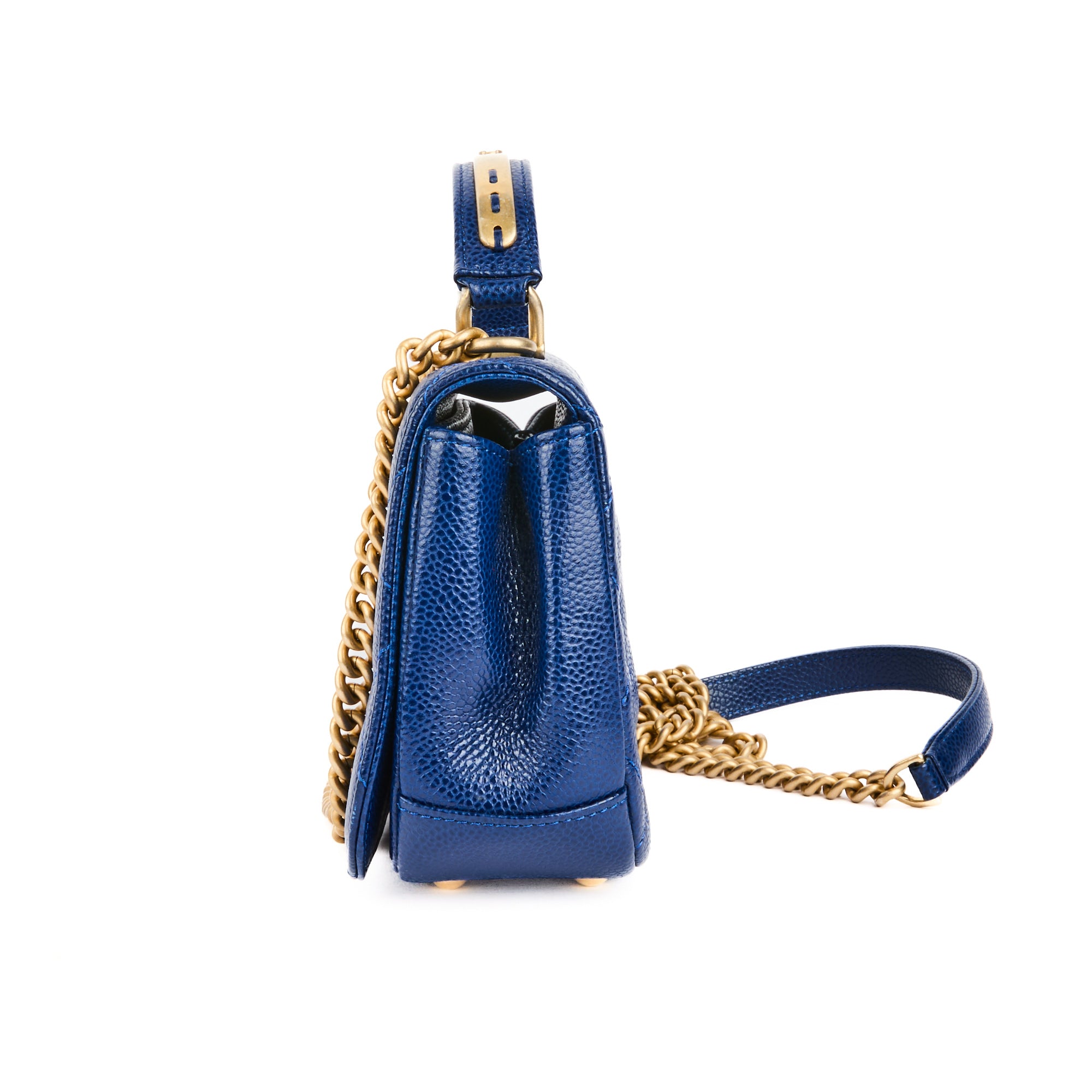 CHANEL - Sac bandoulière Top handle cuir caviar bleu - Handbag