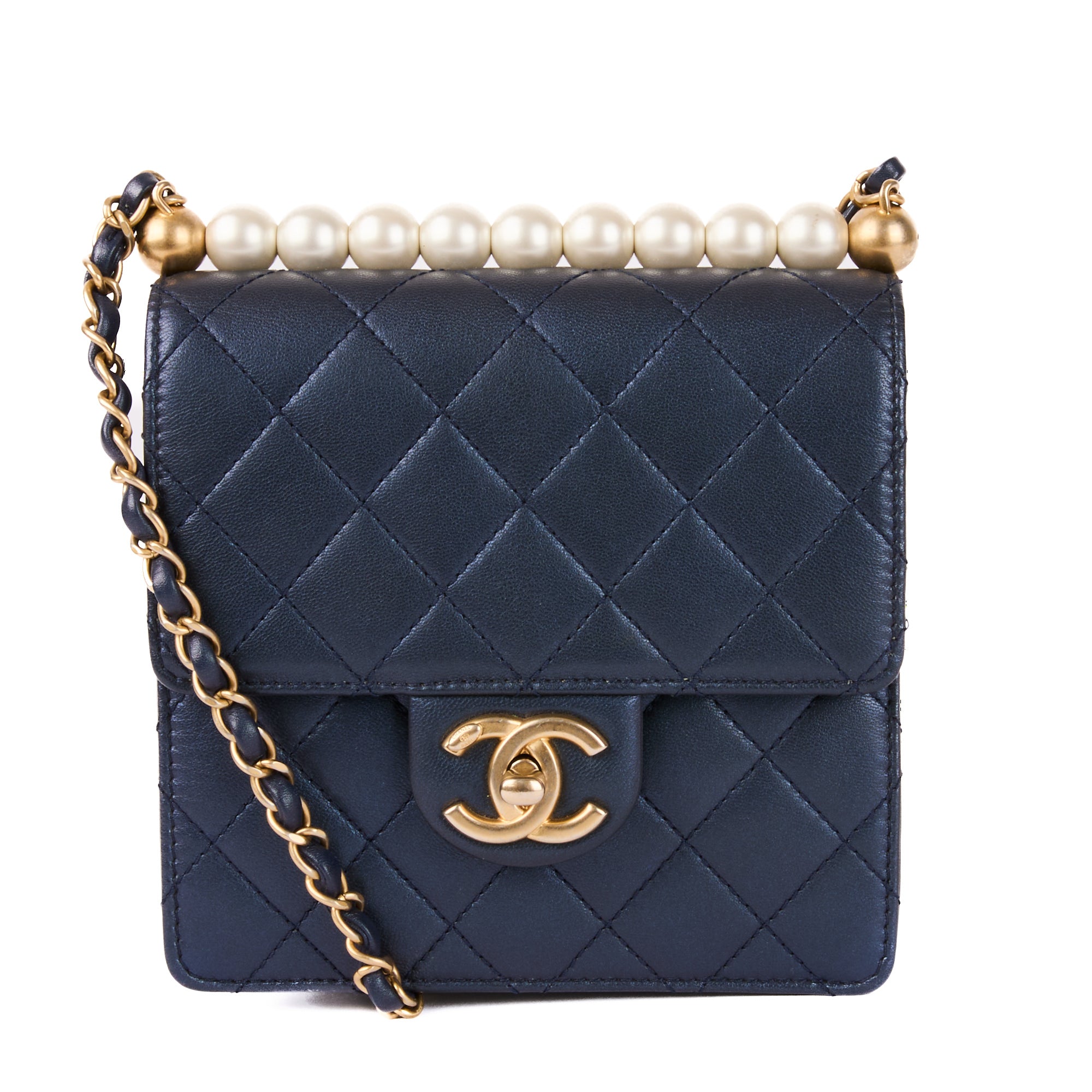 CHANEL - Mini Square blue leather beaded shoulder bag - handbag