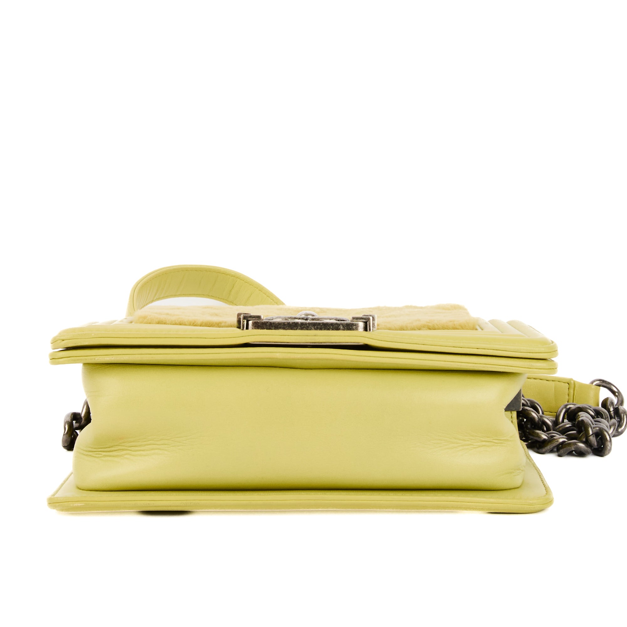 CHANEL - Sac bandoulière Mini Boy fourrure lapin cuir vert - Handbag