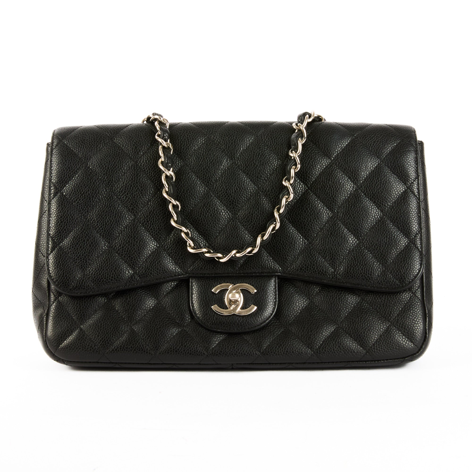 CHANEL - Jumbo Classic Single Flap Bag in Black Caviar Leather - Handbag