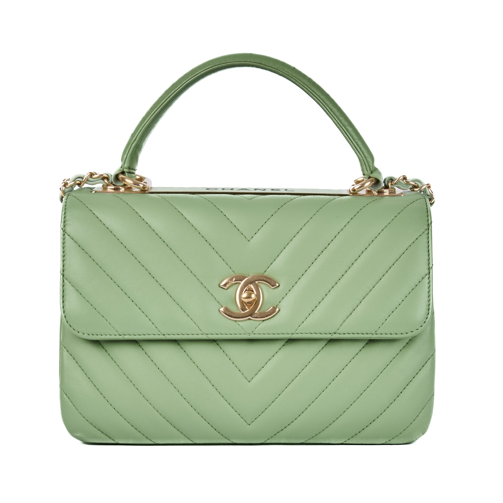 CHANEL - Trendy CC Top Handle small shoulder bag in green chevron leather - Handbag