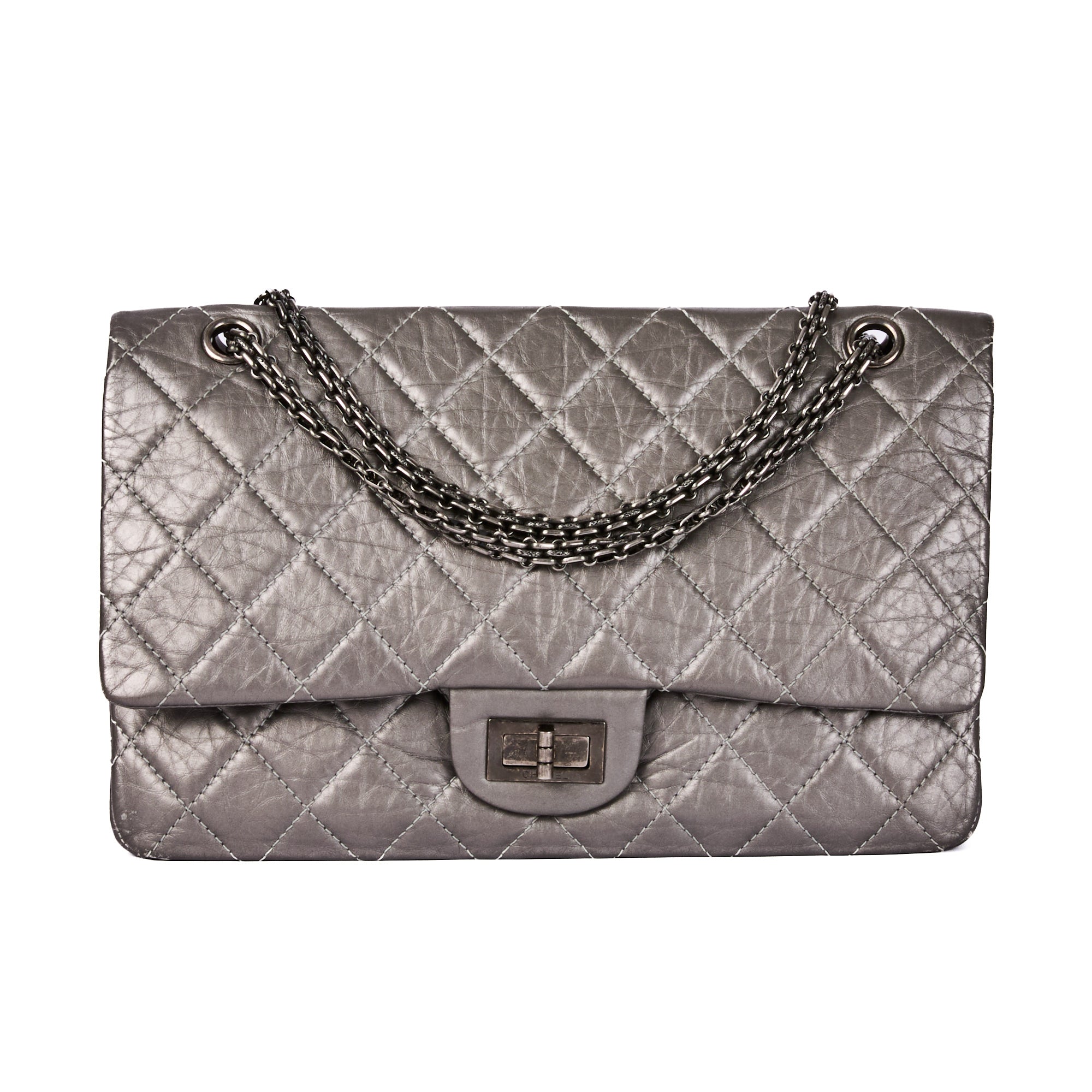 CHANEL - Maxi Jumbo 2.55 silver leather shoulder bag - Handbag