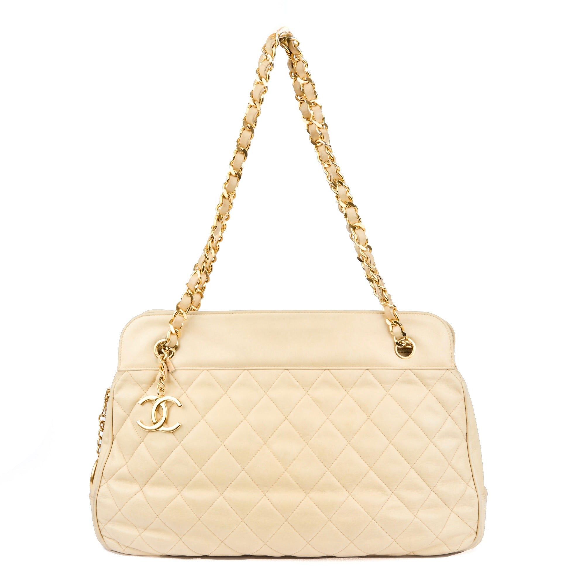 CHANEL - Sac à main cabas Caméra vintage Logo CC cuir matelassé beige - Handbag