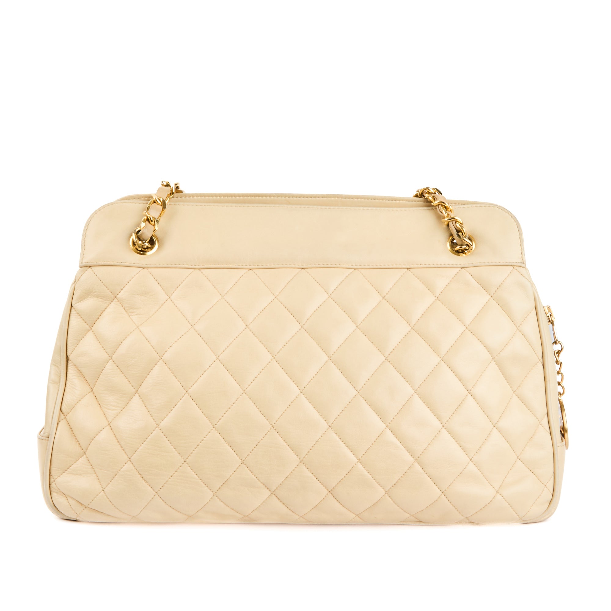 CHANEL - Sac à main cabas Caméra vintage Logo CC cuir matelassé beige - Handbag