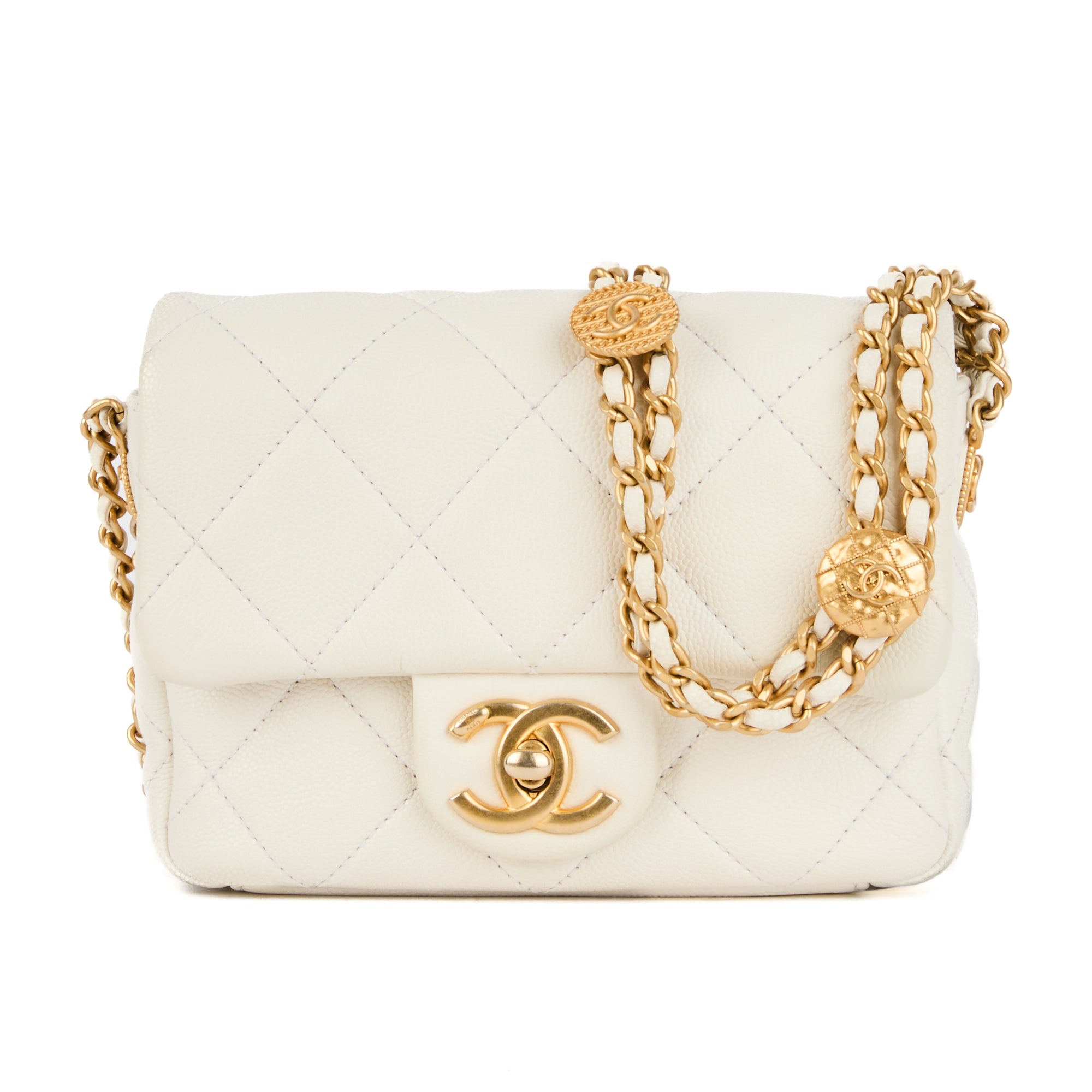 CHANEL - Sac bandoulière mini square Twist Your Buttons Flap cuir blanc - Handbag