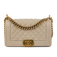CHANEL - Sac bandoulière Boy médium cuir caviar gris beige - Handbag