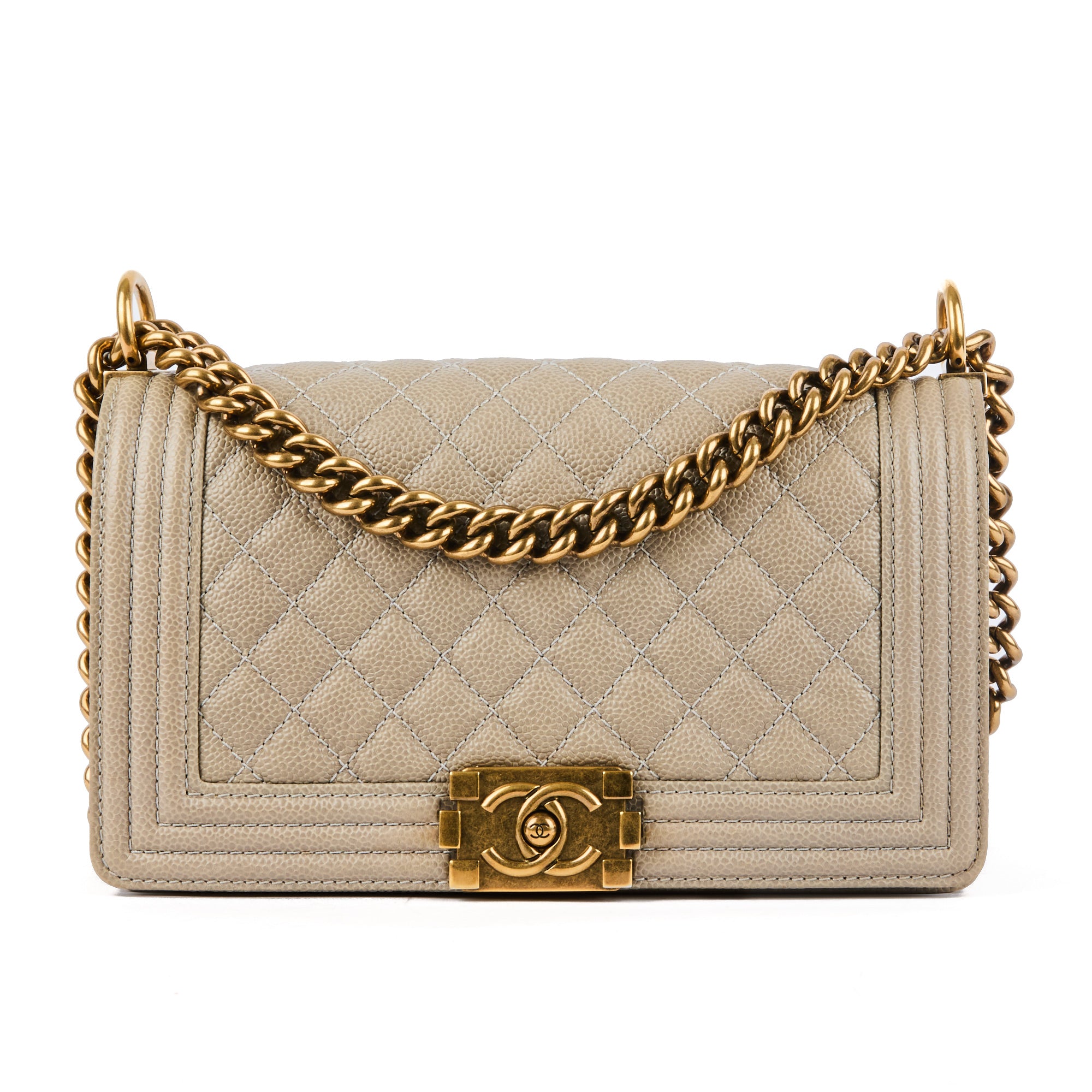 CHANEL - Sac bandoulière Boy médium cuir caviar gris beige - Handbag