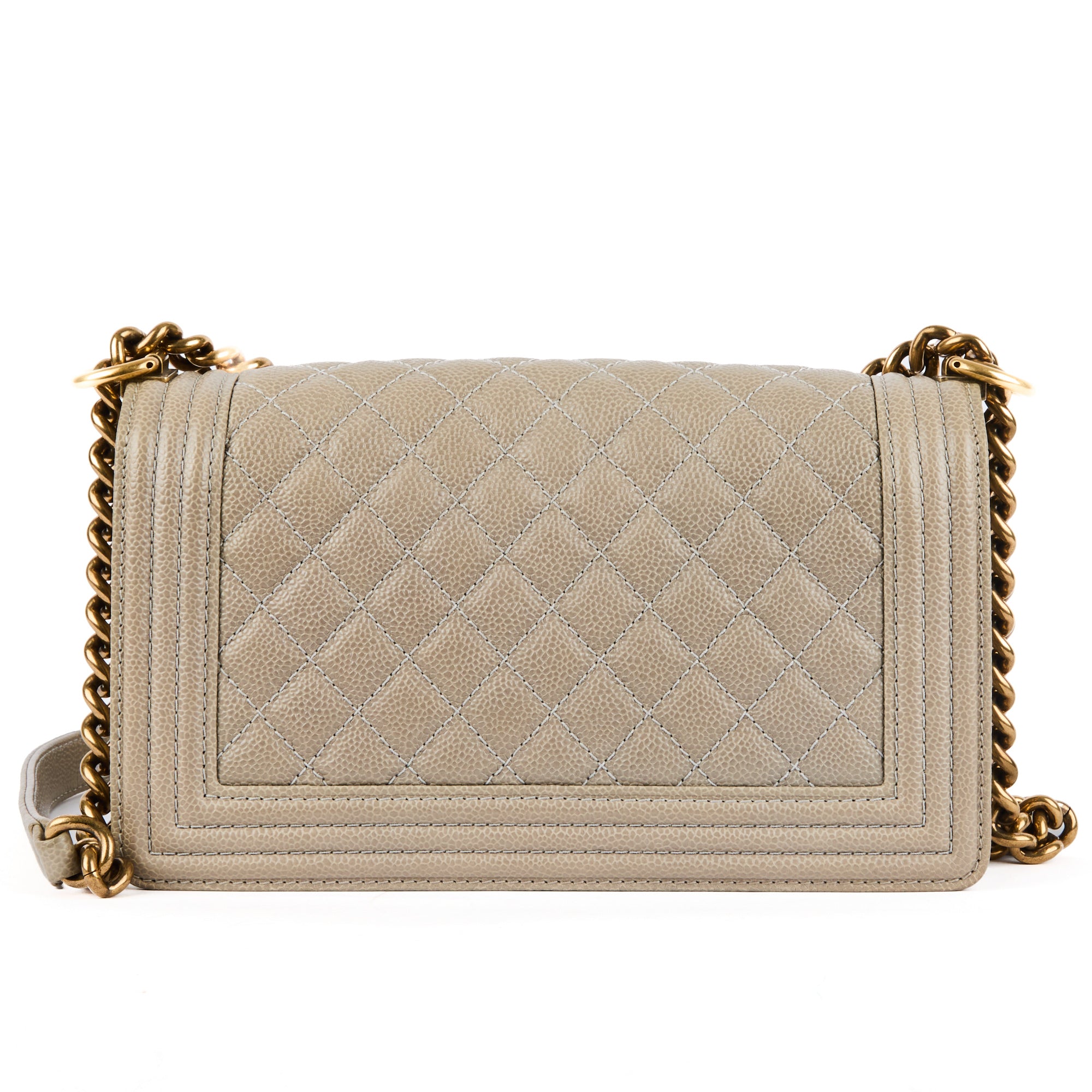 CHANEL - Sac bandoulière Boy médium cuir caviar gris beige - Handbag
