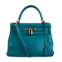 HERMES - Sac à main Kelly 28 cuir Taurillon Clémence bleu - Handbag