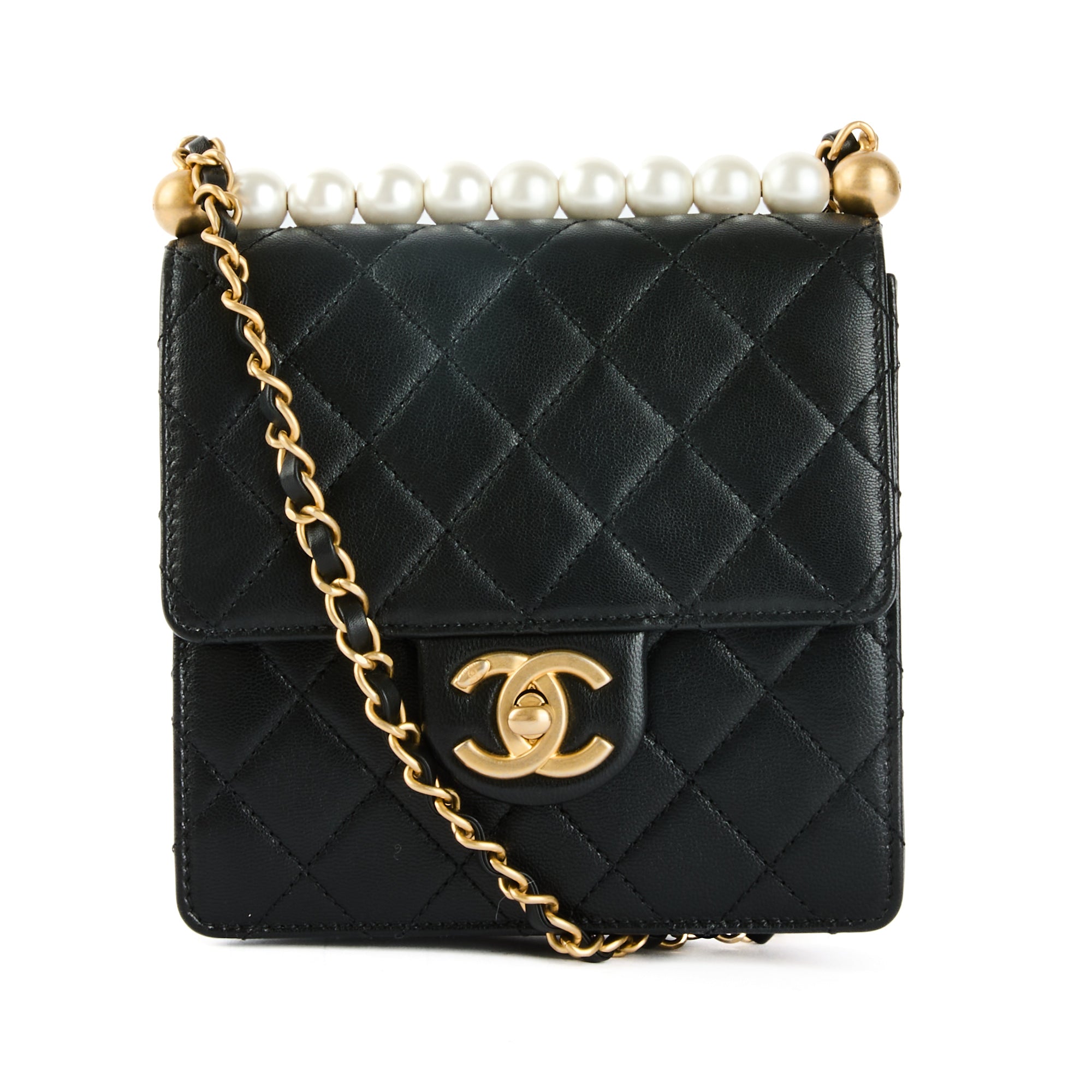 CHANEL - Mini Square pearl black leather shoulder bag - handbag