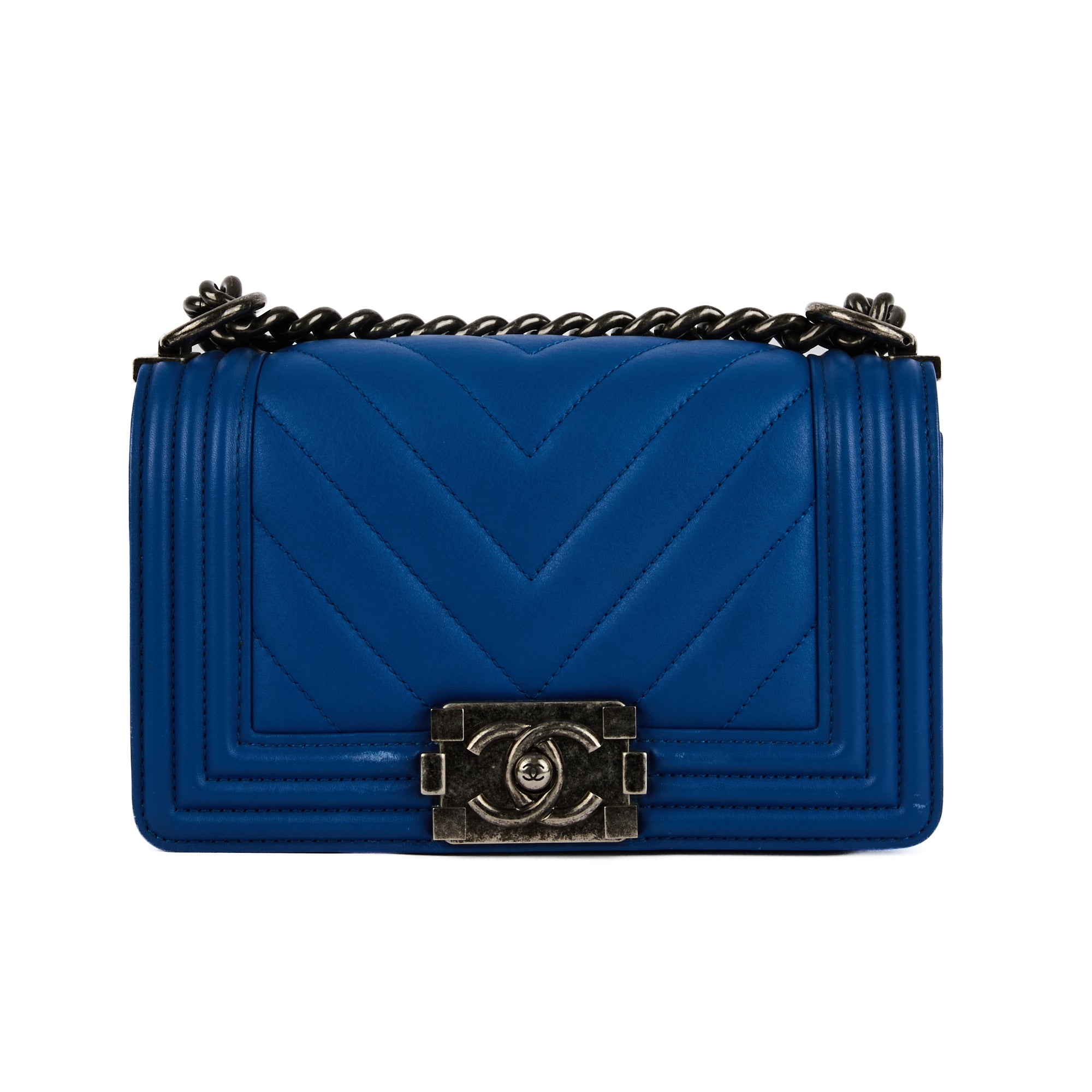 CHANEL - Sac bandoulière Boy PM Chevron cuir bleu - HandBag