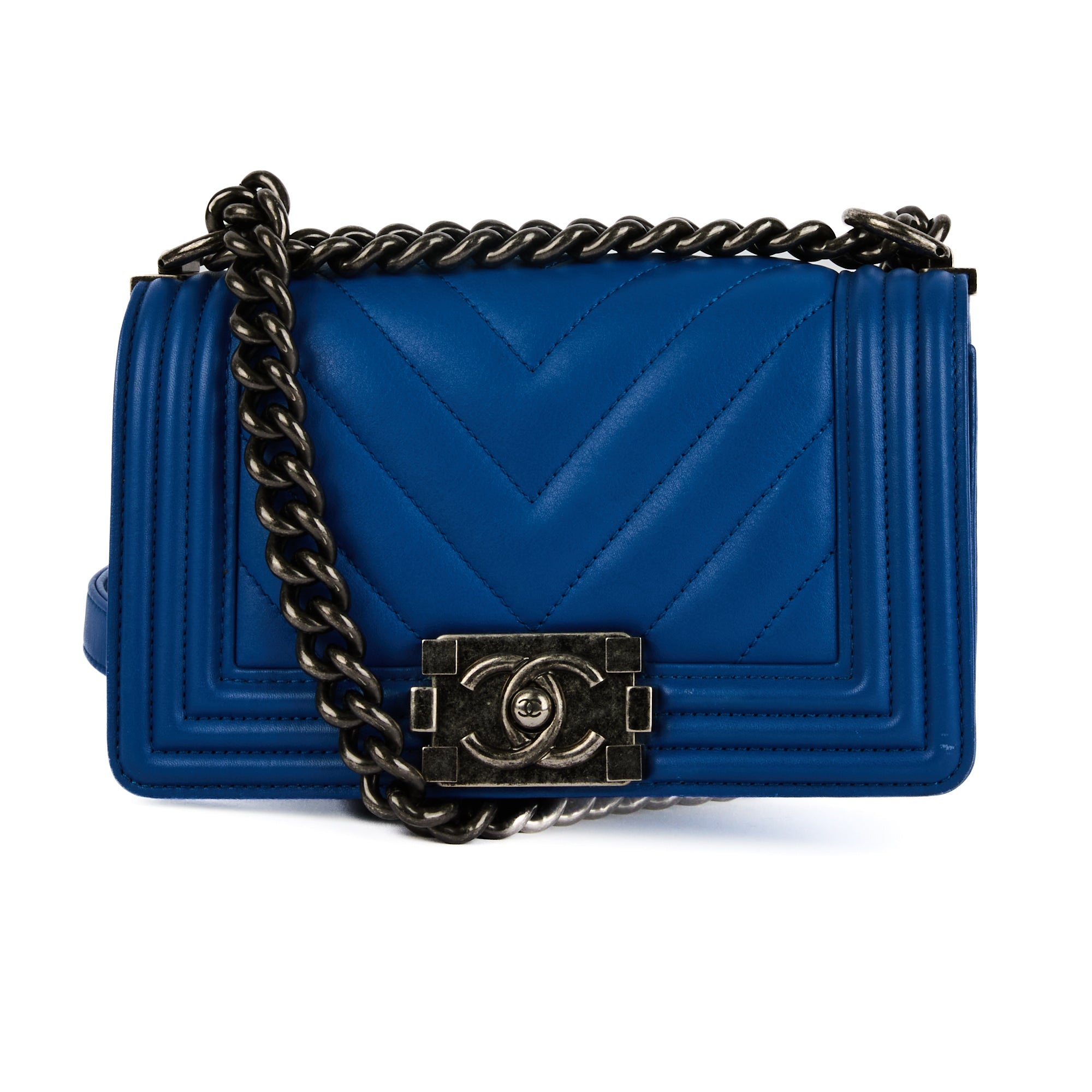 CHANEL - Sac bandoulière Boy PM Chevron cuir bleu - HandBag