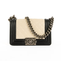 CHANEL - Sac bandoulière Mini Boy cuir blanc noir - Handbag