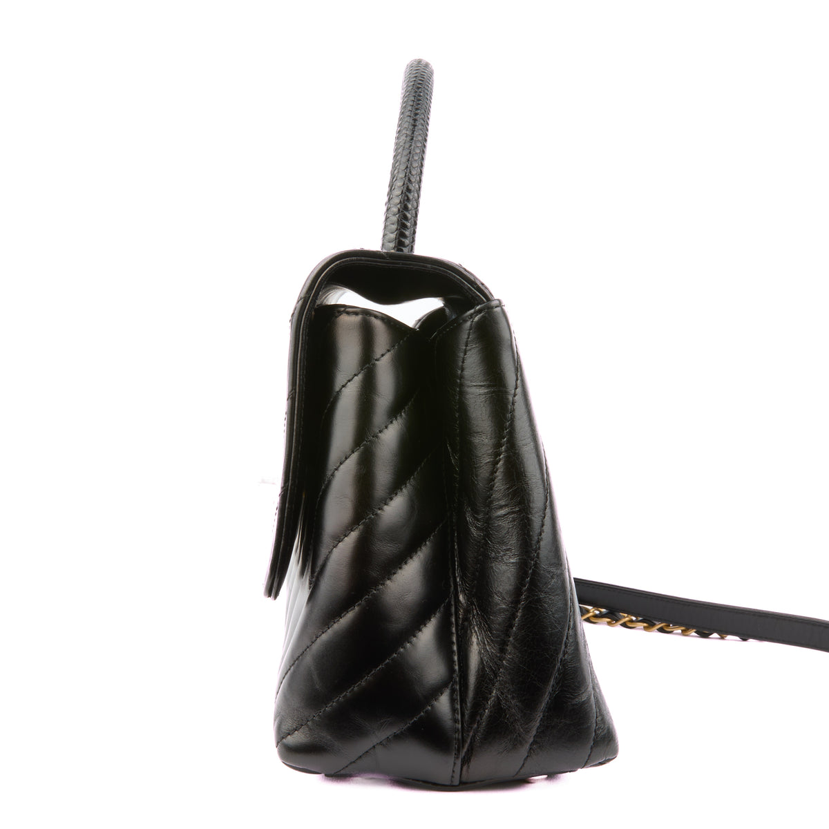 CHANEL - Sac à main Coco Handle chevron cuir noir - Handbag