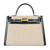 HERMES - Sac à main Kelly 35 Sellier toile et cuir swift beige - Handbag