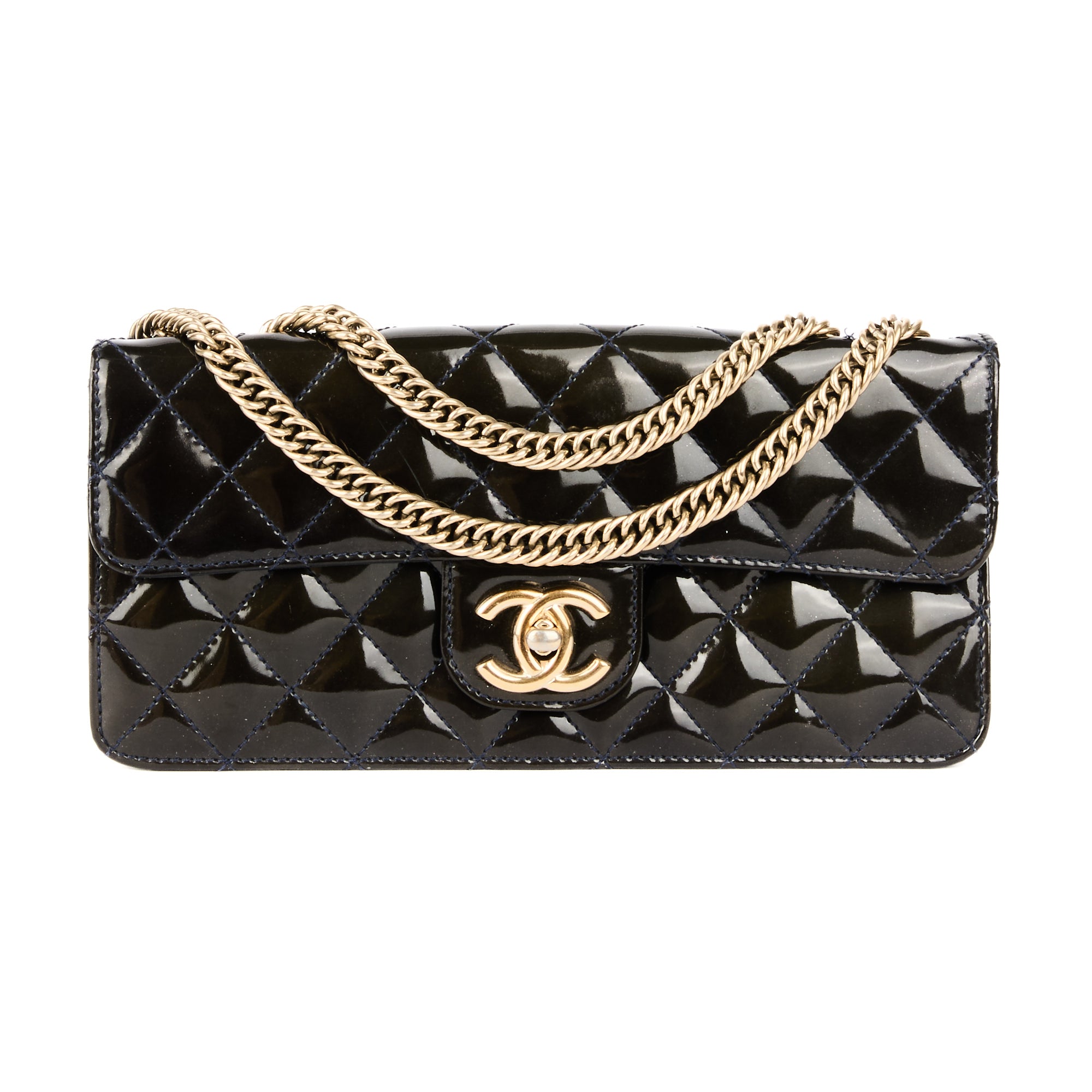 CHANEL - Sac à main Classique Long cuir Vernis Bleu - Handbag