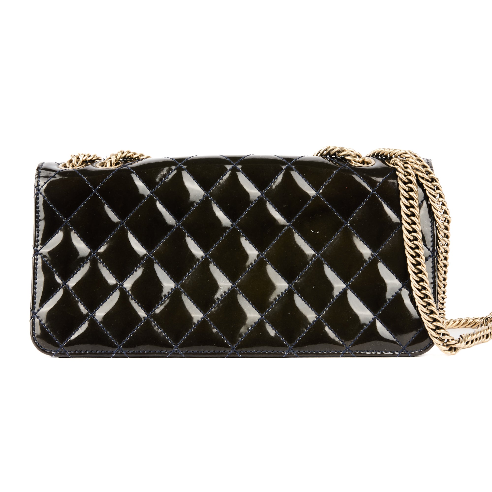 CHANEL - Sac à main Classique Long cuir Vernis Bleu - Handbag