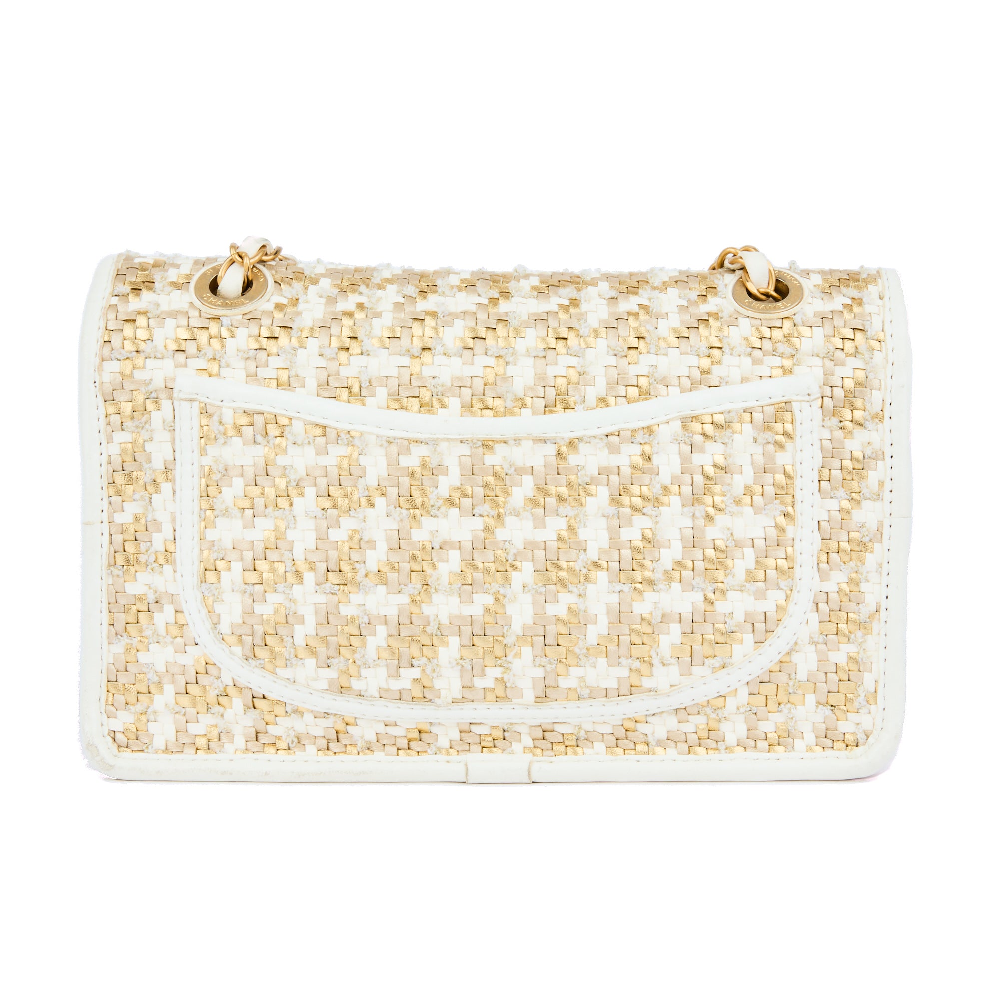 CHANEL - Sac à main Classique Flap bag Timeless raphia blanc doré - Handbag