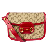 GUCCI - Sac bandoulière Horsebit 1955 toile sûpreme GG beige et cuir rouge