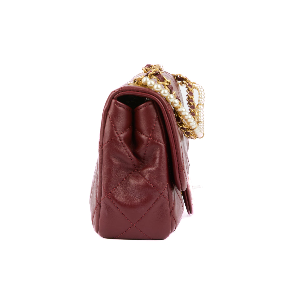 CHANEL - Sac bandoulière Mini Classique perles cuir bordeaux - Handbag