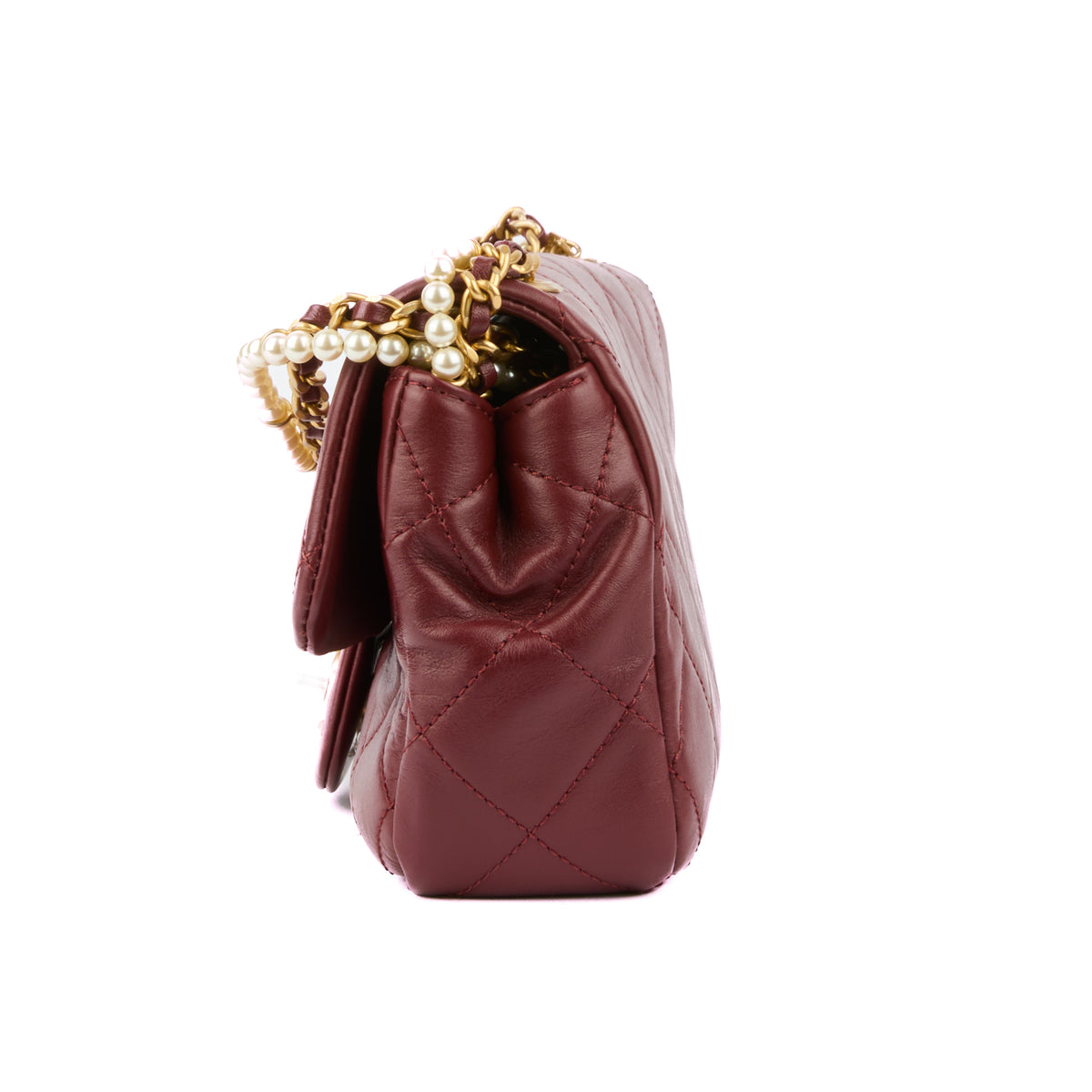 CHANEL - Sac bandoulière Mini Classique perles cuir bordeaux - Handbag